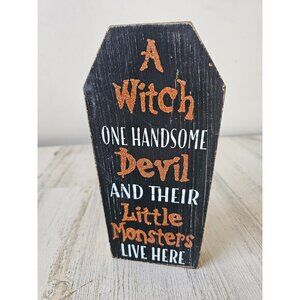 Wooden coffin witch devil Halloween decor little monsters welcome sign orange gl